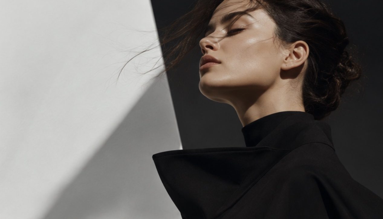 A portrait in hard directional light, the frame split diagonally between a pale wall and deep shadow